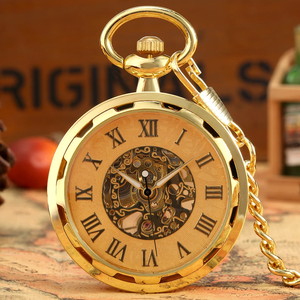 Classic Golden Roman Numerals Dial Open Face Pocket Chain Mechanical Hand Winding Pocket Watch Retro Gift Pocket Clock Man