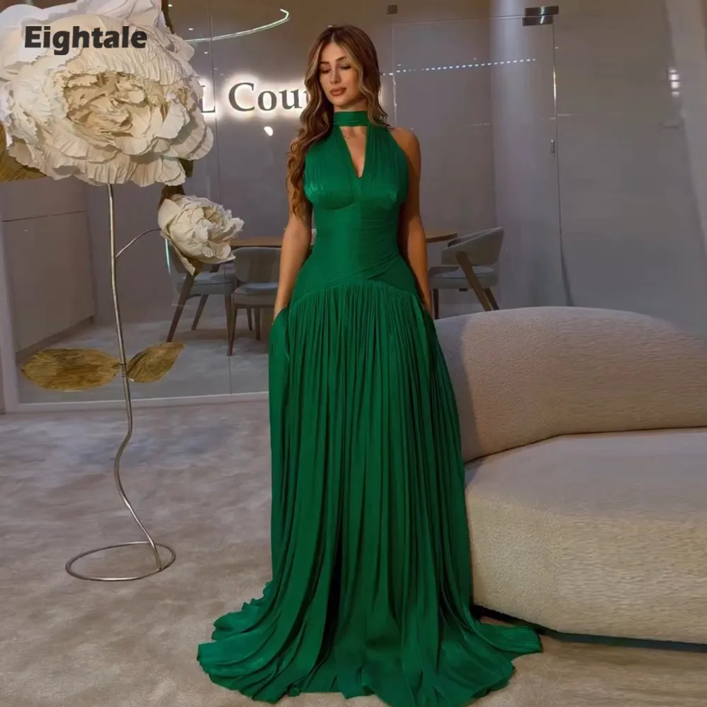 

Eightale Arabic Evening Dress High Neck Pleats Crepe Customized Floor Length Muslim Green A-Line Prom Wedding Party Gown