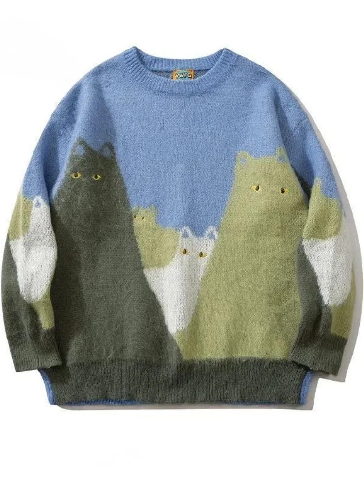 Cartoon Cat Kitty Graphic Knitted Sweater Men Oversized Hip Hop Streetwear Autumn Winter Pullover Black Loose Casual Jumper