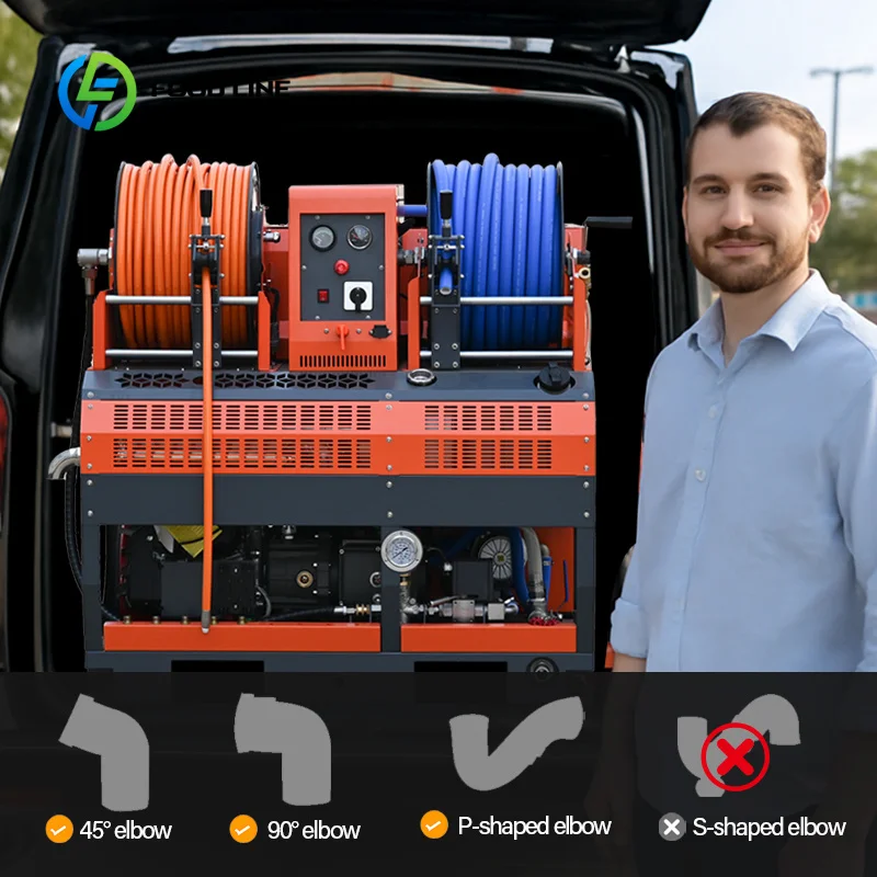 Custom drain blaster sewer flushing machine dual hose reel skid mount stable water output for underground pipeline repair teams