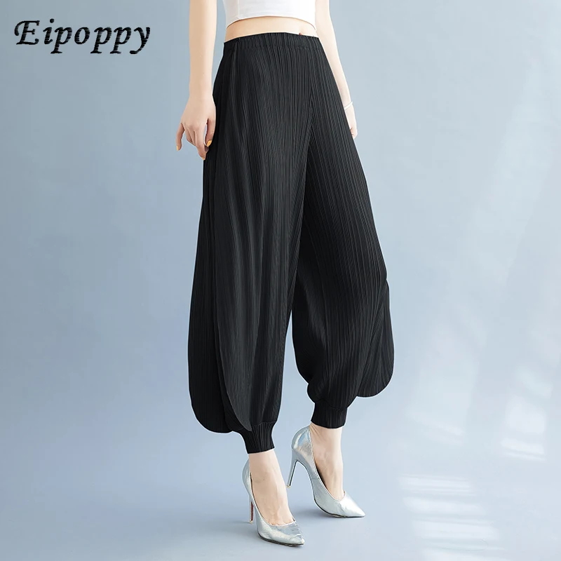 Bloomers de drapeados plissados femininos, emagrecimento solto na moda, calça casual fina com faixas no tornozelo