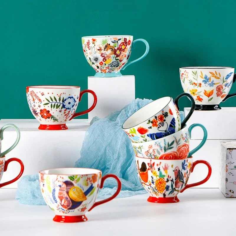 450ML British Hand-painted Flower Ceramic Tea Mug Creative Porcelain Breakfast Cup Relief Milk Cereal Cappuccino Latte Cup