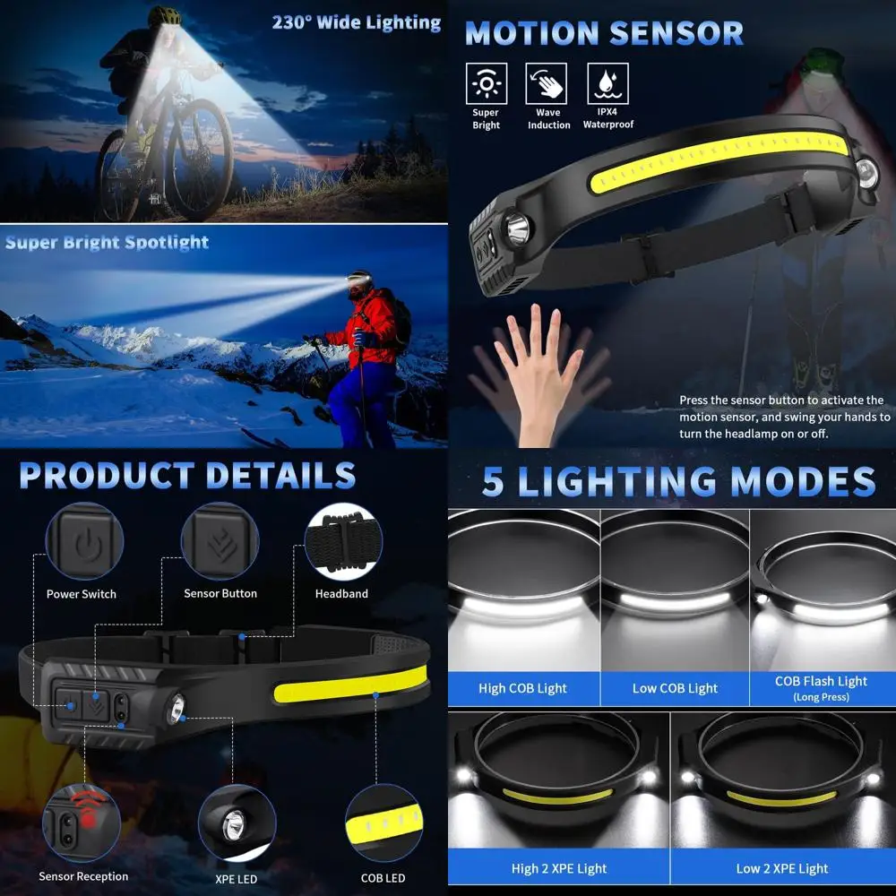 

10-Pack Rechargeable LED Headlamps with 230° Beam, 2 Spotlights, Motion Sensor, 5 Modes for Running and Work