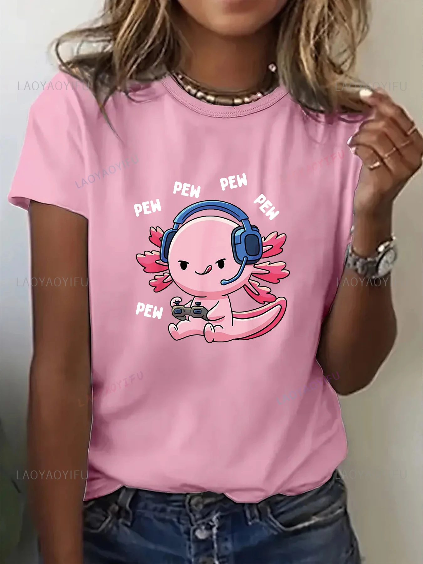 Kawaii Axolotl Gaming Women T Shirt Summer Fashion Cotton Short Sleeved T-shirt Printed O-neck Casual T-shirt Women's Clothing