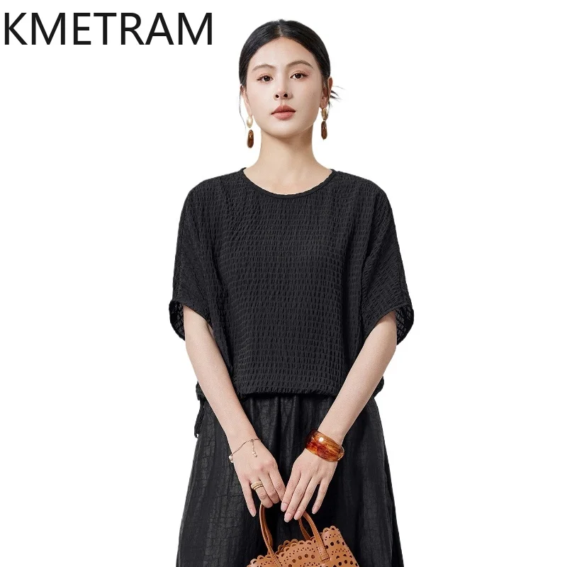 

KMETRAM 97.8% Natural Mulberry Silk Women T Shirts Black Casual T Shirt O-Neck Elegant Summer Tops for Woman Clothing 2026 ropa