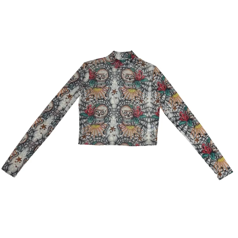 Foreign Trade Punk Rock Half High Neck Elastic Mesh Skull Printed Long Sleeve Short Top for Women