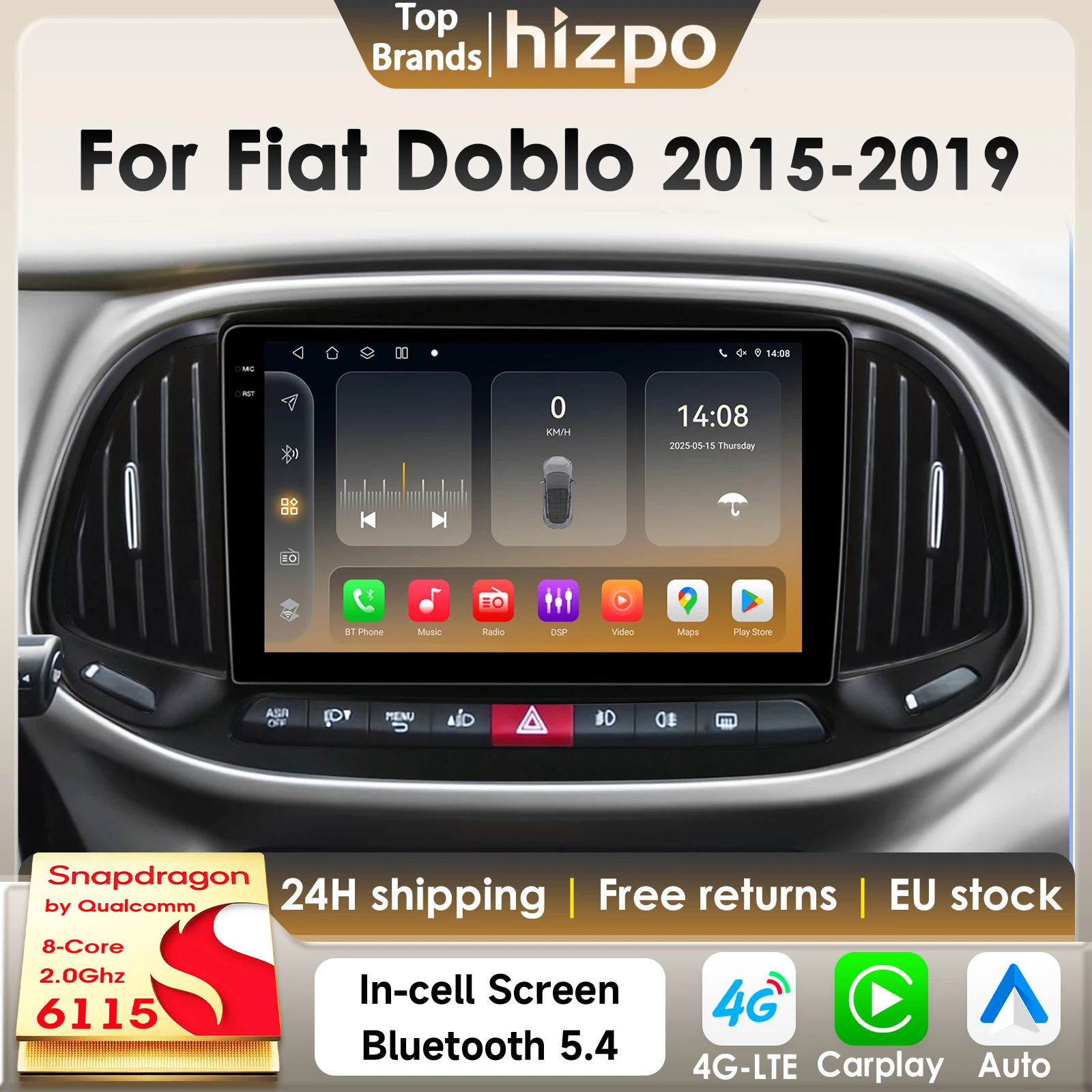 Hizpo 8G 128G Autoradio Autoradio Für Fiat Doblo 2015-2019 Auto Multimedia GPS 4G Carplay 360 Kamera durch Qualcomm Snapdragon 6115