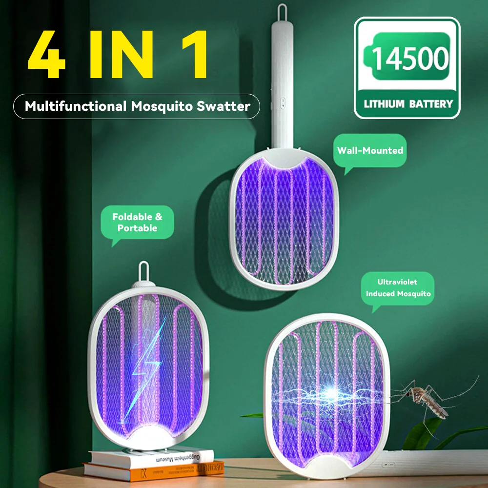 

New 4 IN 1 Electric Mosquito Racket USB Rechargeable Foldable Mosquito Killer Fly Swatter 3000V UV Light Portable Bug Zapper