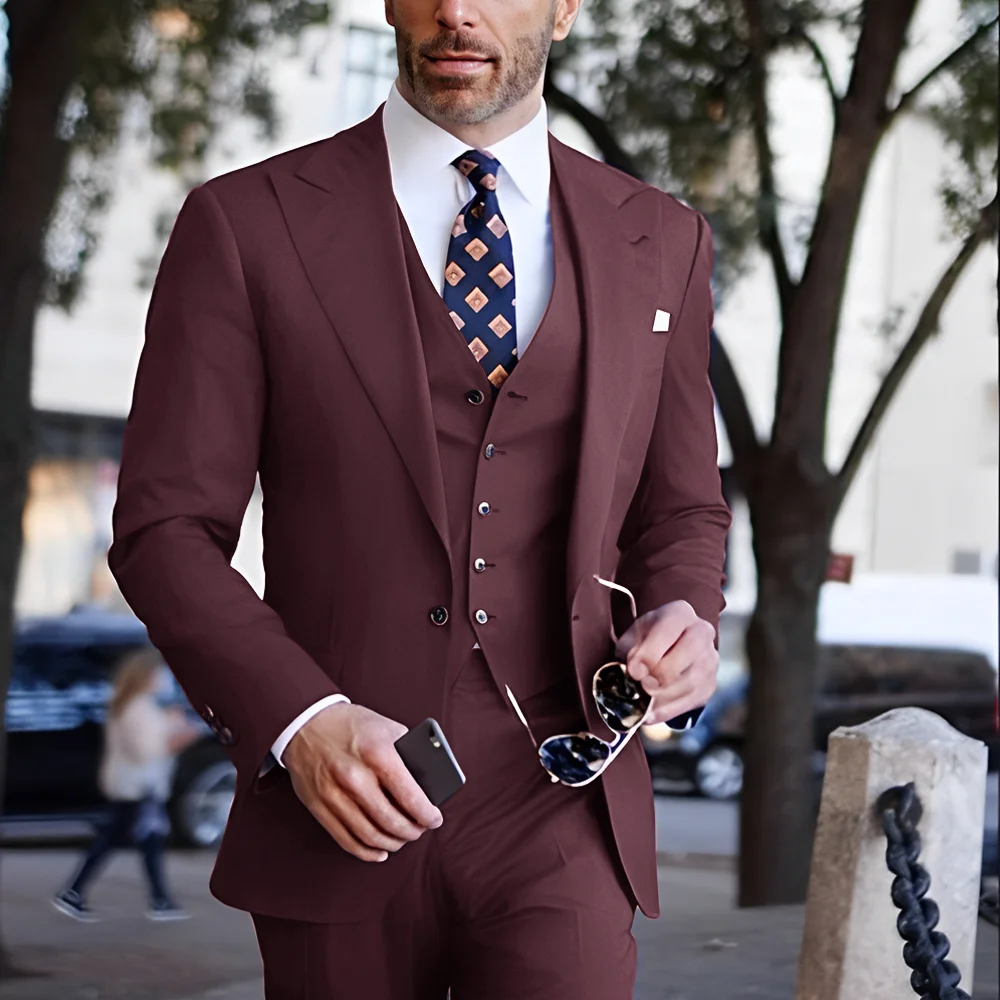 

Men's 3-Piece Suit Set, Wine Red Style, Single-Breasted Design, Suit, Vest & Trousers, Business & Wedding Choice