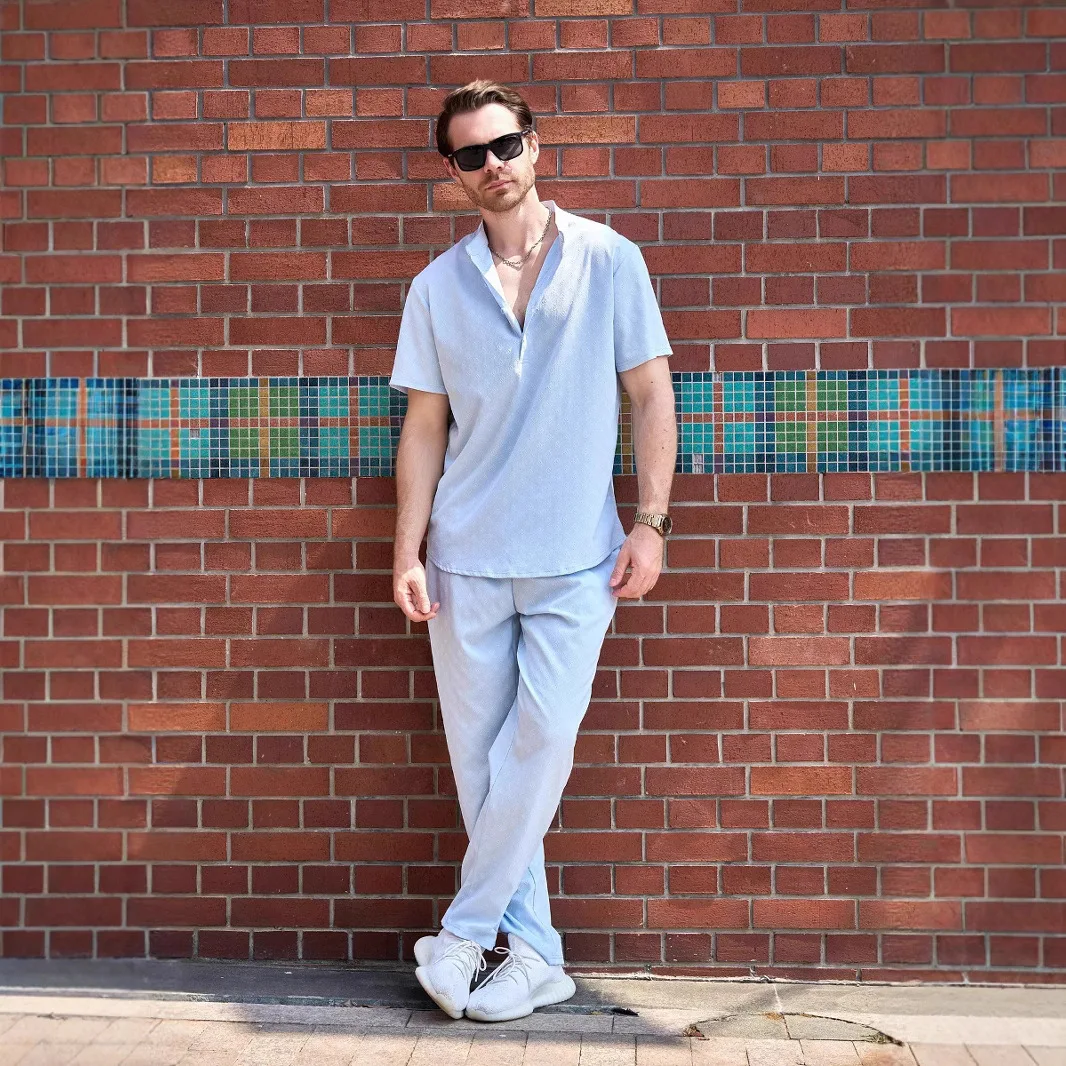 Summer Jacquard Men's Stand-up Collar Solid Color Casual T-shirt Short-sleeved POLO Shirt Trousers Cover