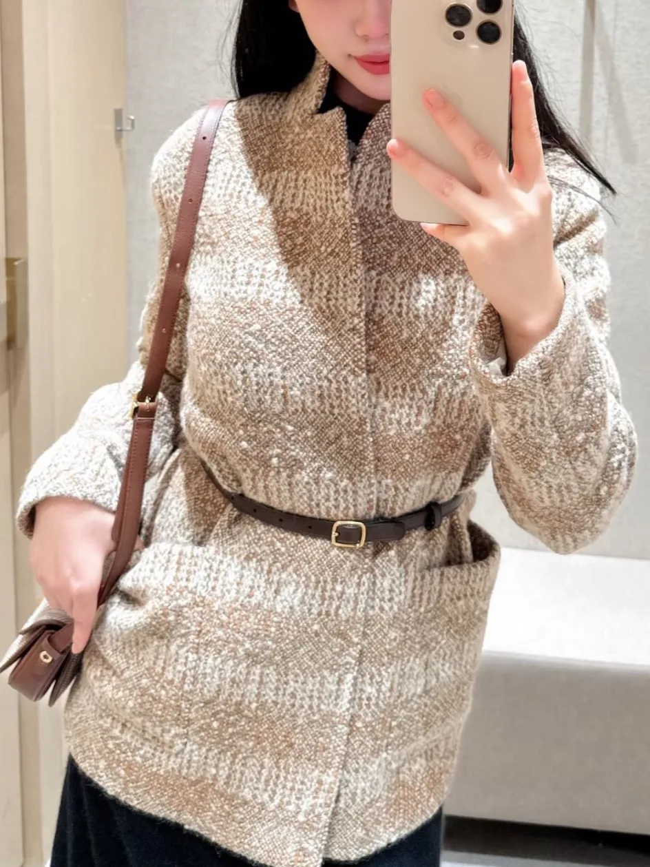 

Women Wool Blend Tweed Jacket Early Spring 2026 Turn-down Collar Long Sleeve Vintage Ladies Coat with Belt