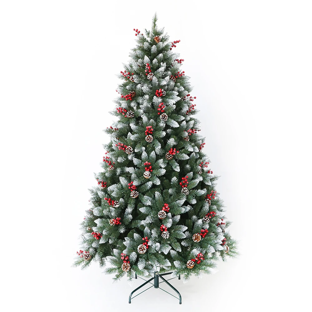 Flocking Christmas trees with pine cones and red berries for holiday decorations