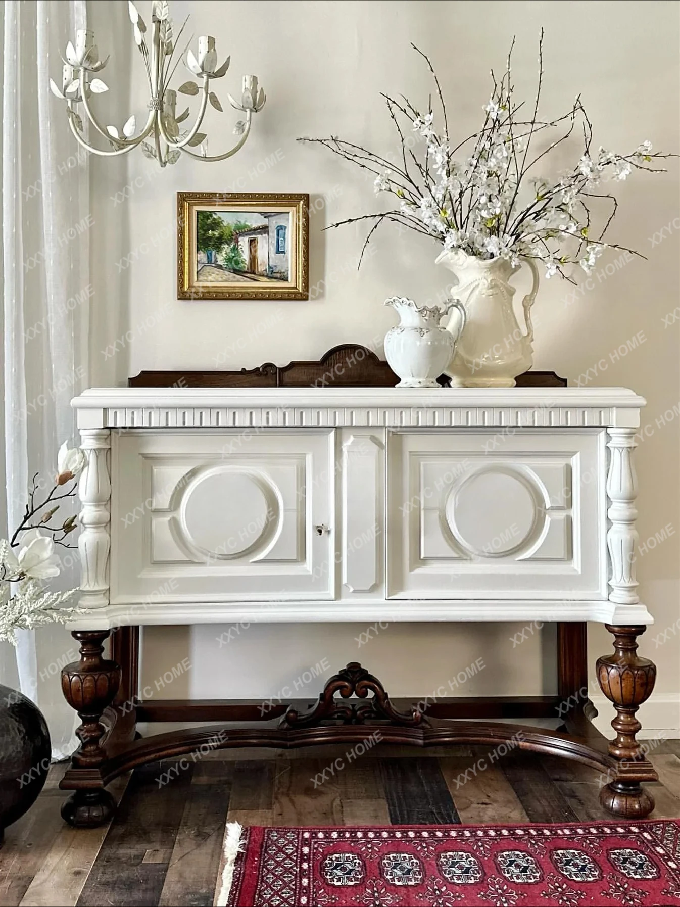 Gabinete de porche tallado con puerta de entrada para sala de estar, villa de madera maciza retro francesa