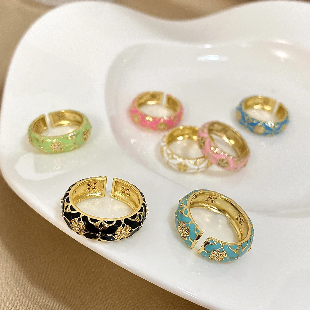 AENSOA Vintage Enamel Clover Open Ring with Cubic Zirconia Gold Plated Colorful Glaze Floral Finger Rings For Women Daily Gift