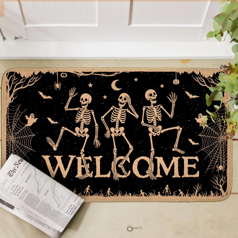 VIKAMA Halloween Skeleton Welcome Mat Dancing Skull Door Mat Black Bat Spiderweb Ghost Entryway Floor Rug Non Slip Spooky Decor
