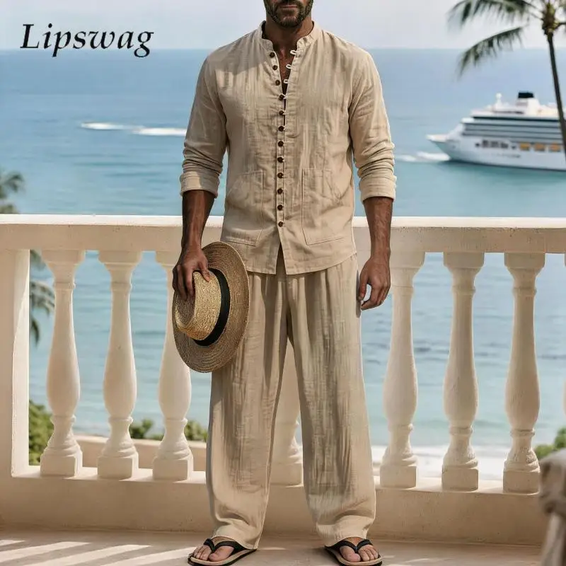 retro-men-linen-long-sleeve-shirt-and-pants-two-piece-suits-autumn-henley-stand-collar-solid-color-daily-mens-fashion-outfits