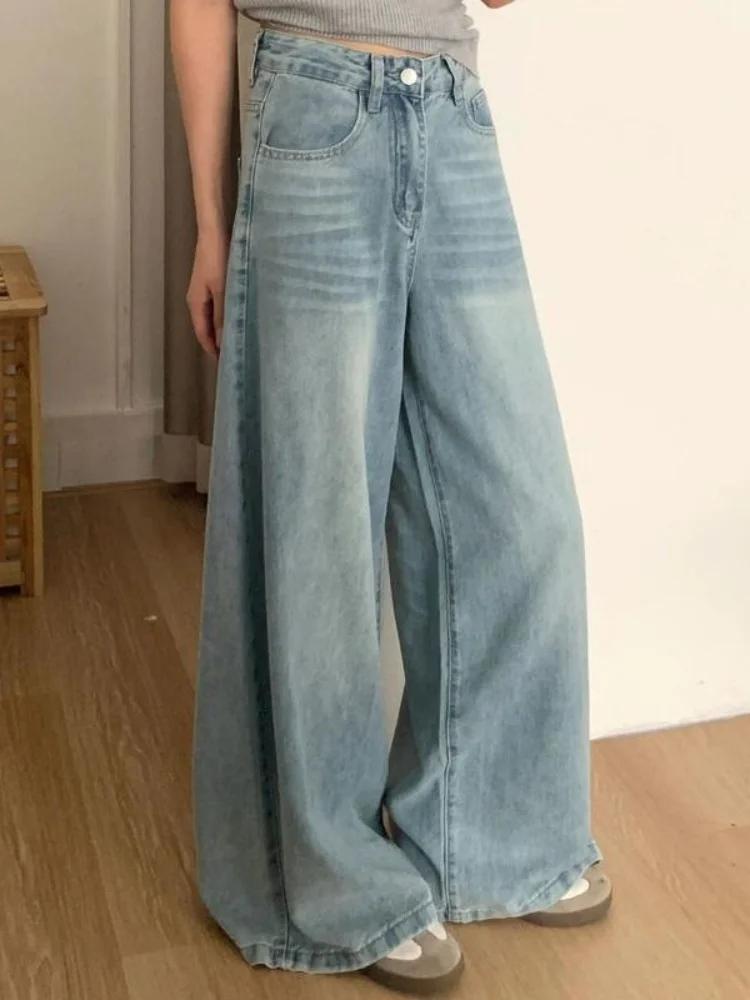 하이웨이스트 와이드 레그 아메리칸 슬레 데님 청바지 여성용 가을 루즈 슬리밍 드레이프 스트레이트 컷 팬츠 캐주얼 웨어