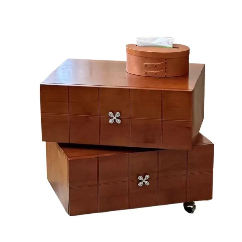 Retro rotatable bedside table, solid wood antique cabinet, drawer locker with wheels