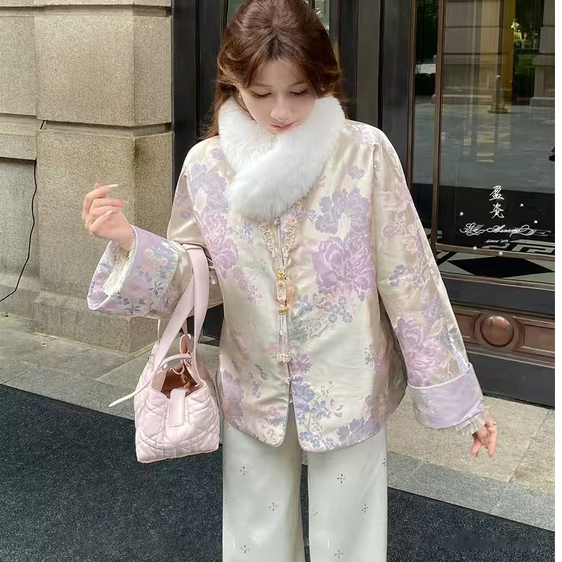 

Autumn New Purple Peony Flower Jacquard Fabric Chinese style Stand up Collar+White Plush Neck Elegant, Comfortable Women's Coat