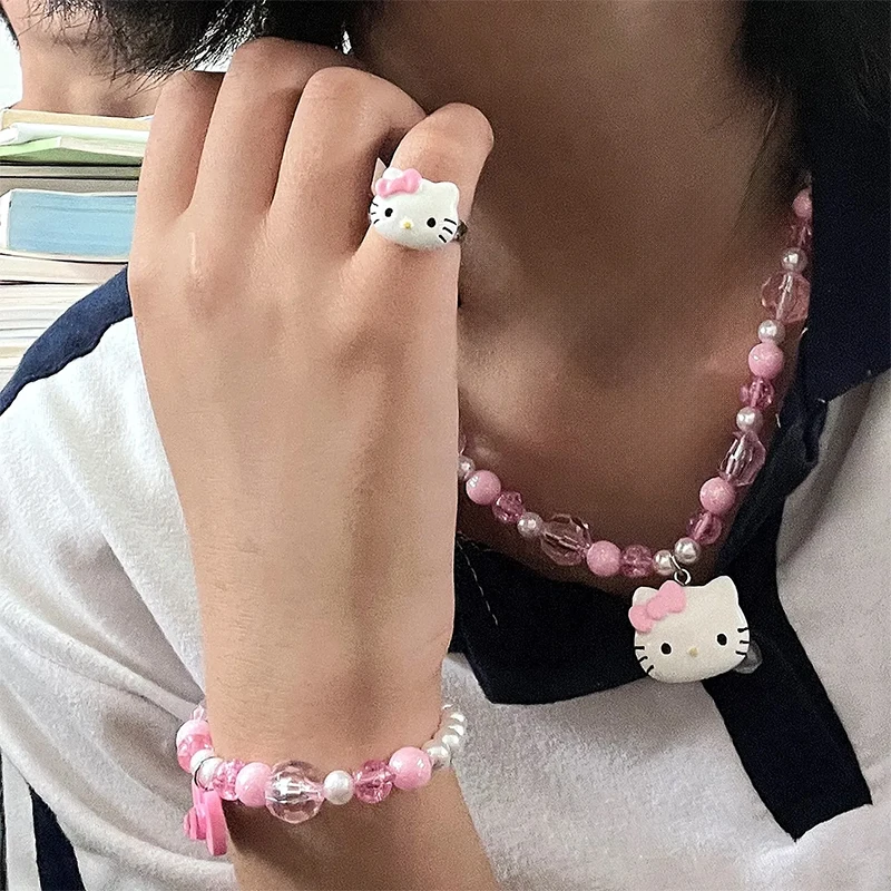 

Pink Hello Kitty Ring Bracelet Necklace Suit Soft Girl Loli Photography Artifact Jewelry Dopamine Trendy Accessories Girls Gifts