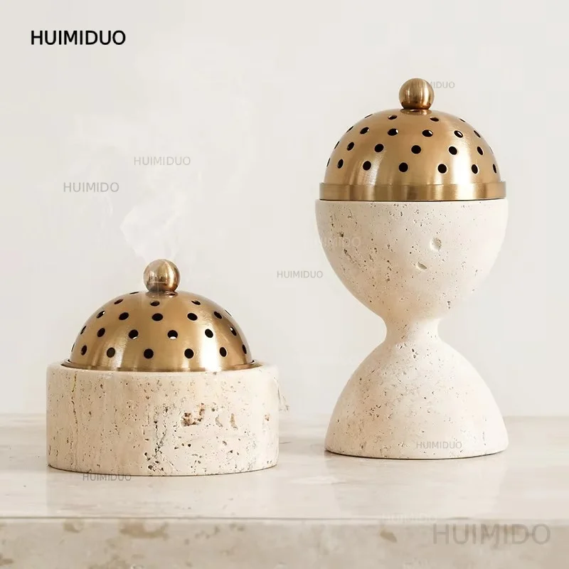 Travertine Mabkhara Burner Luxury Oud Mubkhar Censer Natural Marble Incense Bakhoor Burner with Brass Cover
