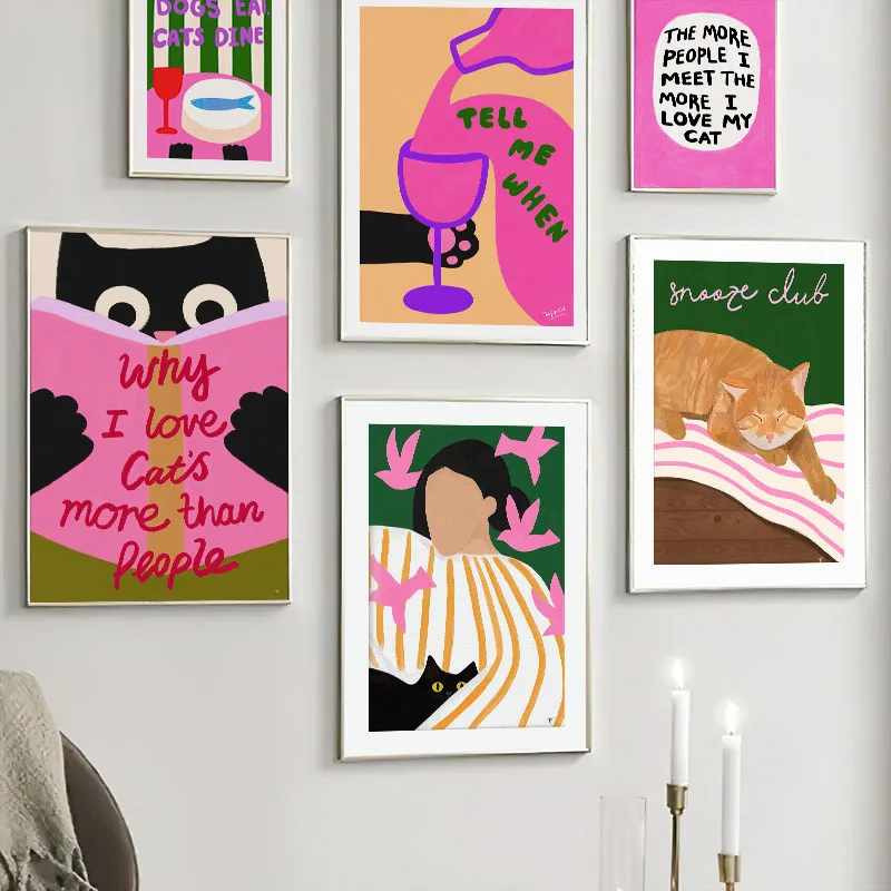 Fashion Girl Black Cat Book Life Illustration Wall Art Canvas Painting Nordic Abstract Poster Prints Pictures Living Room Decor
