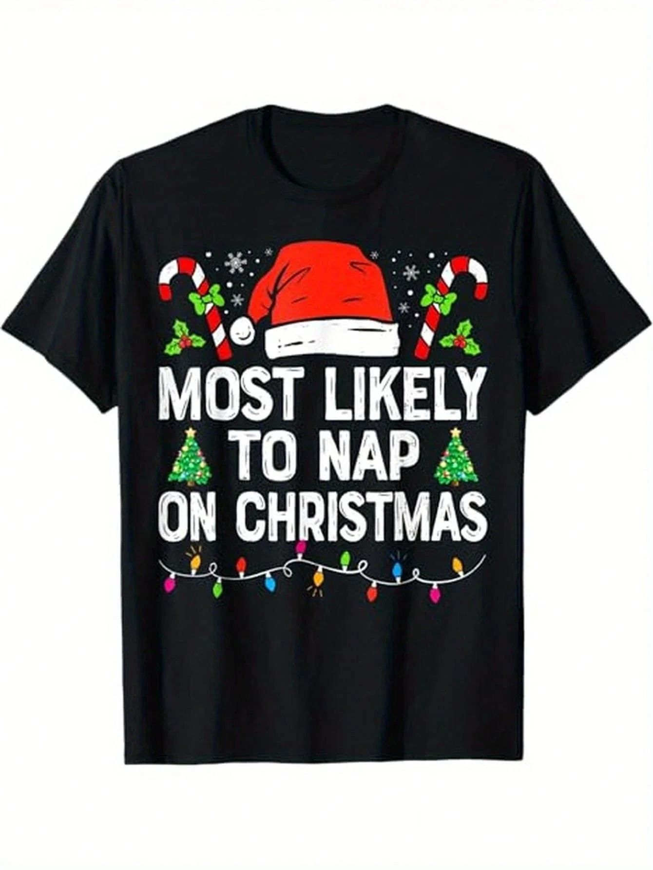 Funny Most Likely To Nap On Christmas Men T-Shirt Festive Holiday Graphic With Santa Hat Candy Canes Casual Wear Christmas Gifts