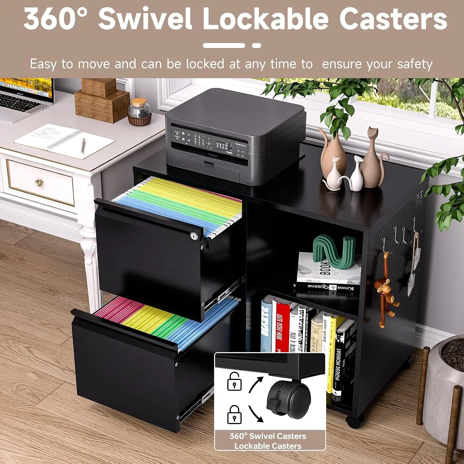 2 Drawer Metal Filing Cabinet with Lock & Wheels, Under Desk File Storage for A4 Letter Size, Black, Customized