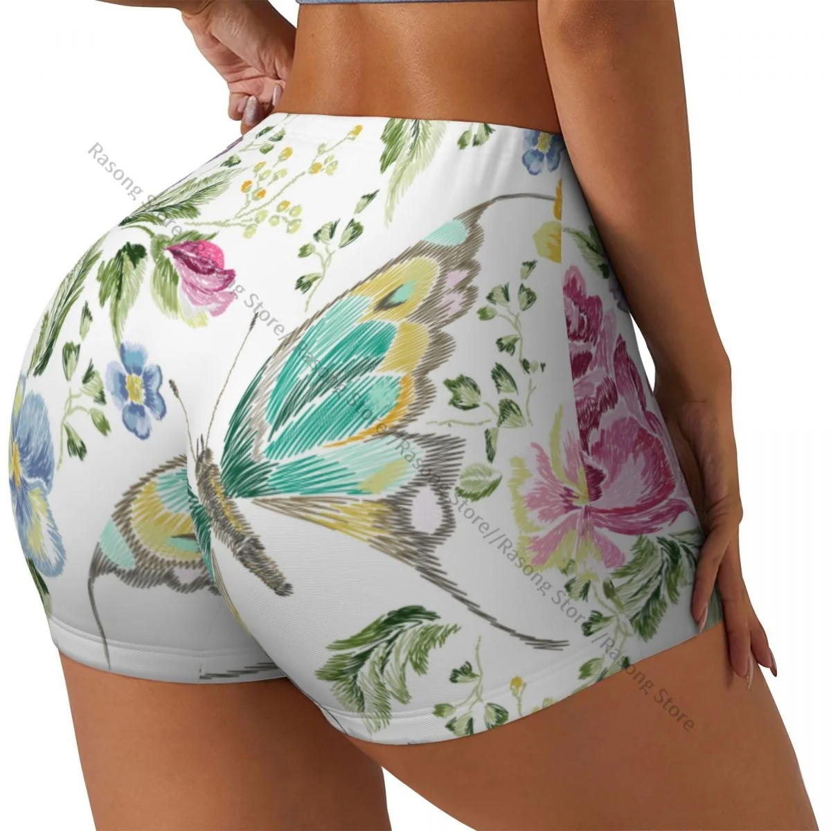 

Spandex Yoga Shorts for Women Embroidery Floral Roses Violets And Butterflies Workout Booty Shorts