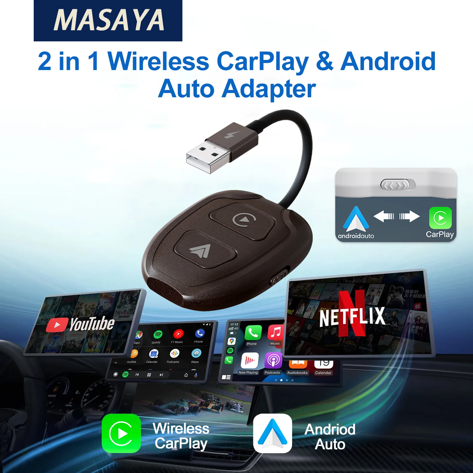 Wireless CarPlay & Android Auto Adapter 2 in 1 Wireless Adapter for OEM Wired Cars Convert to Wireless Dongle iOS Android