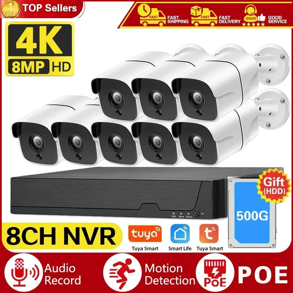 

4K 8MP Ultra HD POE Video Surveillance Tuya APP Cam System 8CH NVR Recorder Security Cameras CCTV Kit Smart Life Home Ip camera