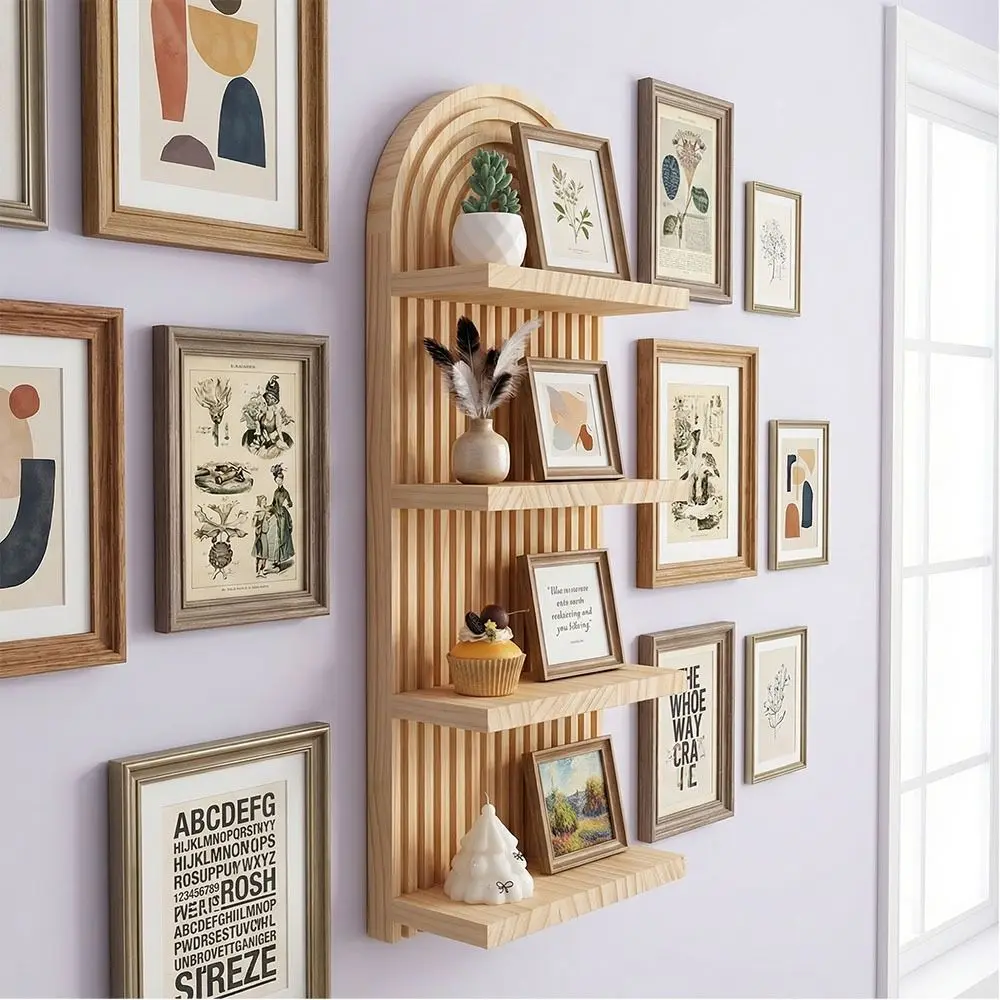 

4-Tier Design Wooden Wall Shelves Oval Threaded Minimalist Boho Style Rack Natural Decorative Wall Mounted Shelf Home Decor