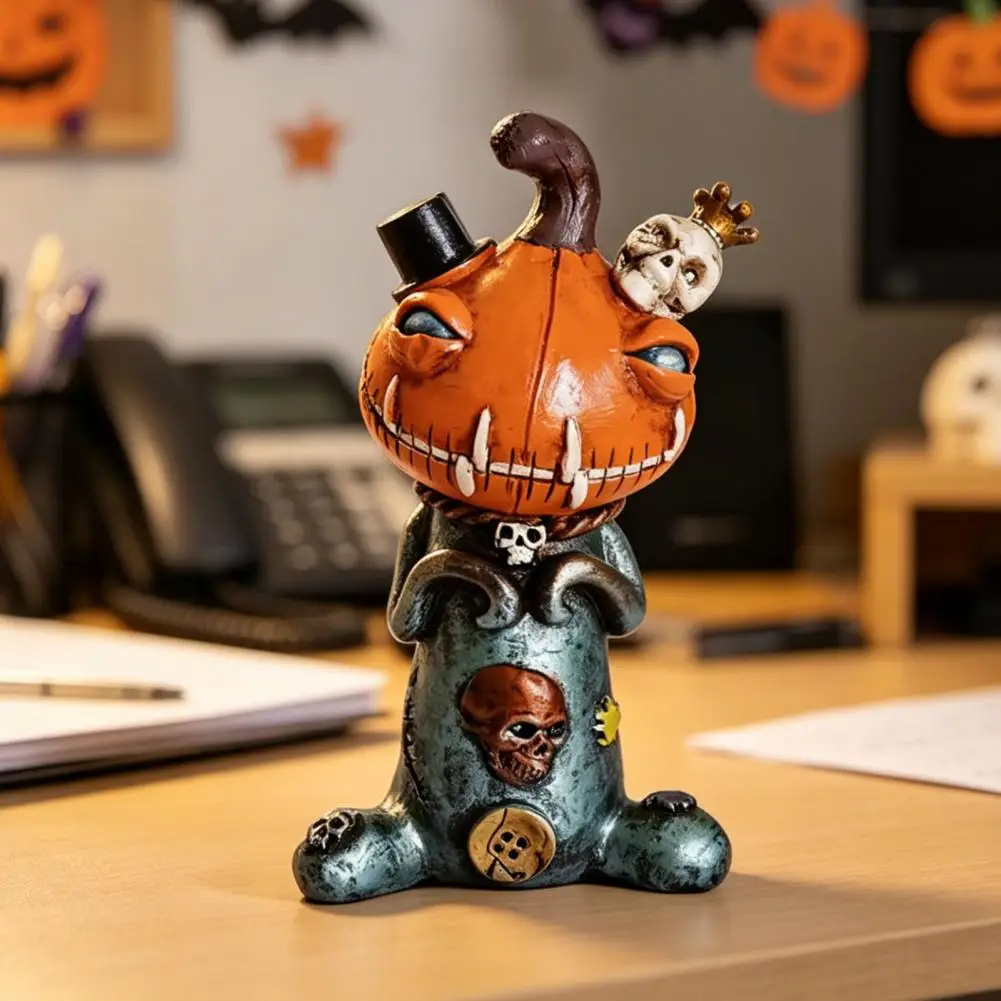 Hand-painted Resin Doll Halloween Pumpkin Doll Statue Horror Resin Pumpkin Skull Figurine for Home Office Table Shelf Mantel Dec