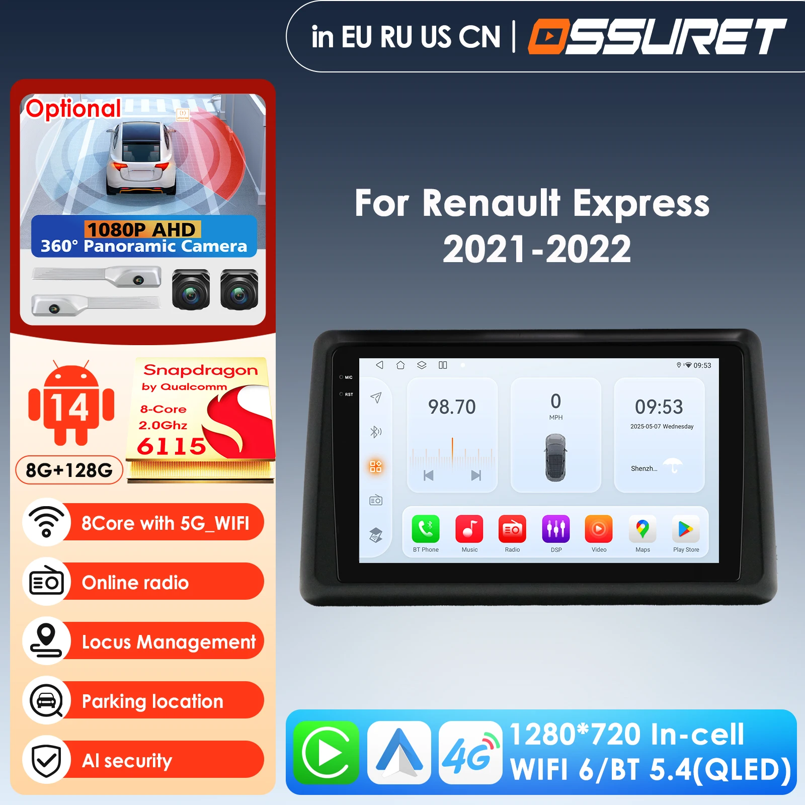 OSSURET Android Car Radio for Renault Express 2021-2022 Multimedia Player Stereo GPS WIFI Carplay Auto Video 360° Camera Audio