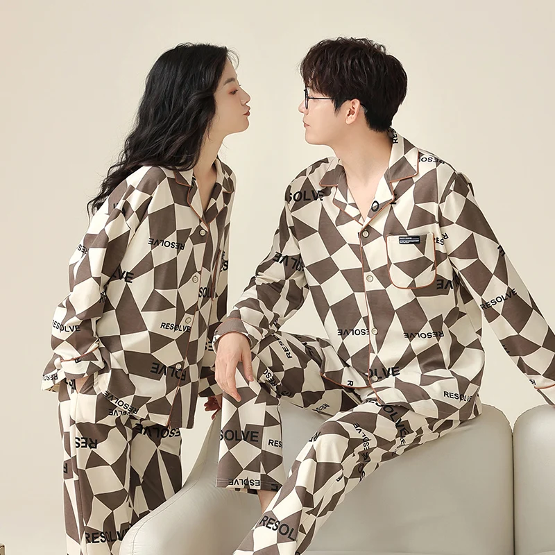 

Spring and Autumn Cotton Couple Pajamas Cardigan Geometric Pattern Fashion Men and Women Autumn and Winter Home Furnishings