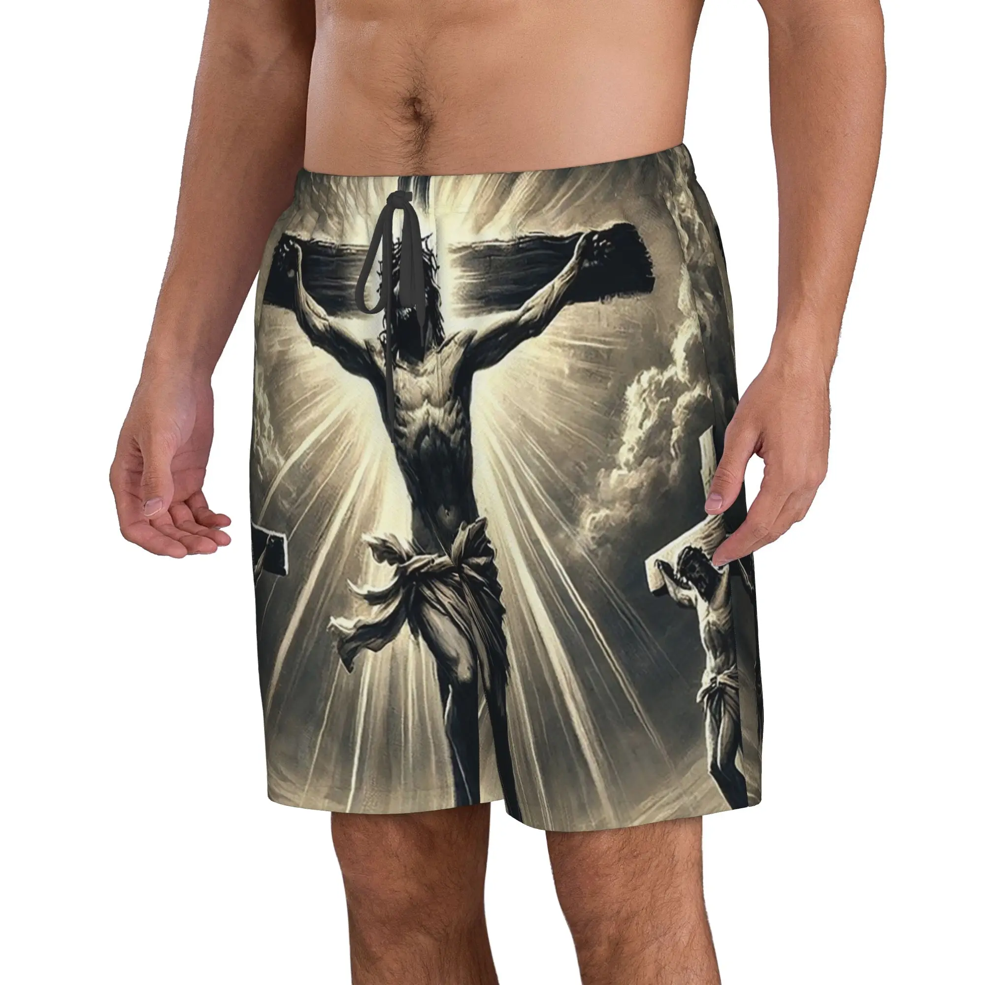 Jesus Christ and Christian Cross Dark Trunks Beach Board Shorts Casual Quick Dry Swim Summer Men Pants