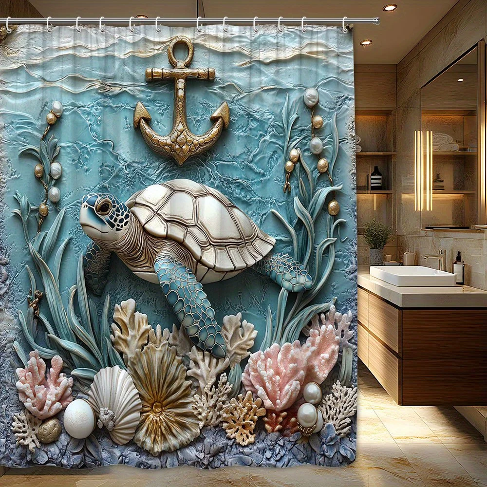 

1pc Nautical Sea Turtle & Golden Anchor Shower Curtain - 3D Marine Life Design with Corals, Seashells & Pearls, Machine Washable