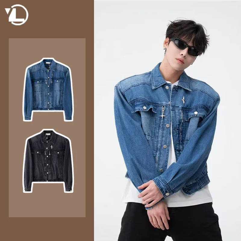 New Hip Hop Motorcycle Mens Denim Jacket Y2k Casual Pocket Cowboy Coats Star Zipper Single Breasted Short Bomber Outwear Male