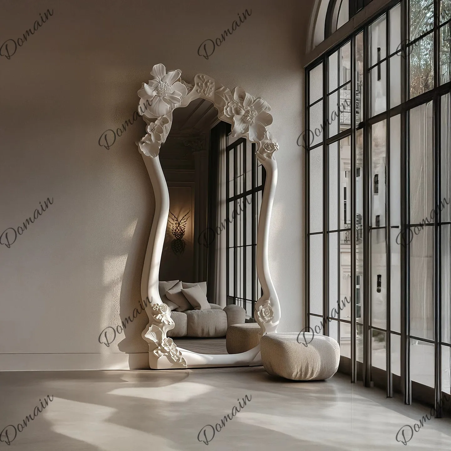 French carved full-length mirror, bedroom coat rack, fitting mirror, wall hanging on the wall, white flower decorated mirror