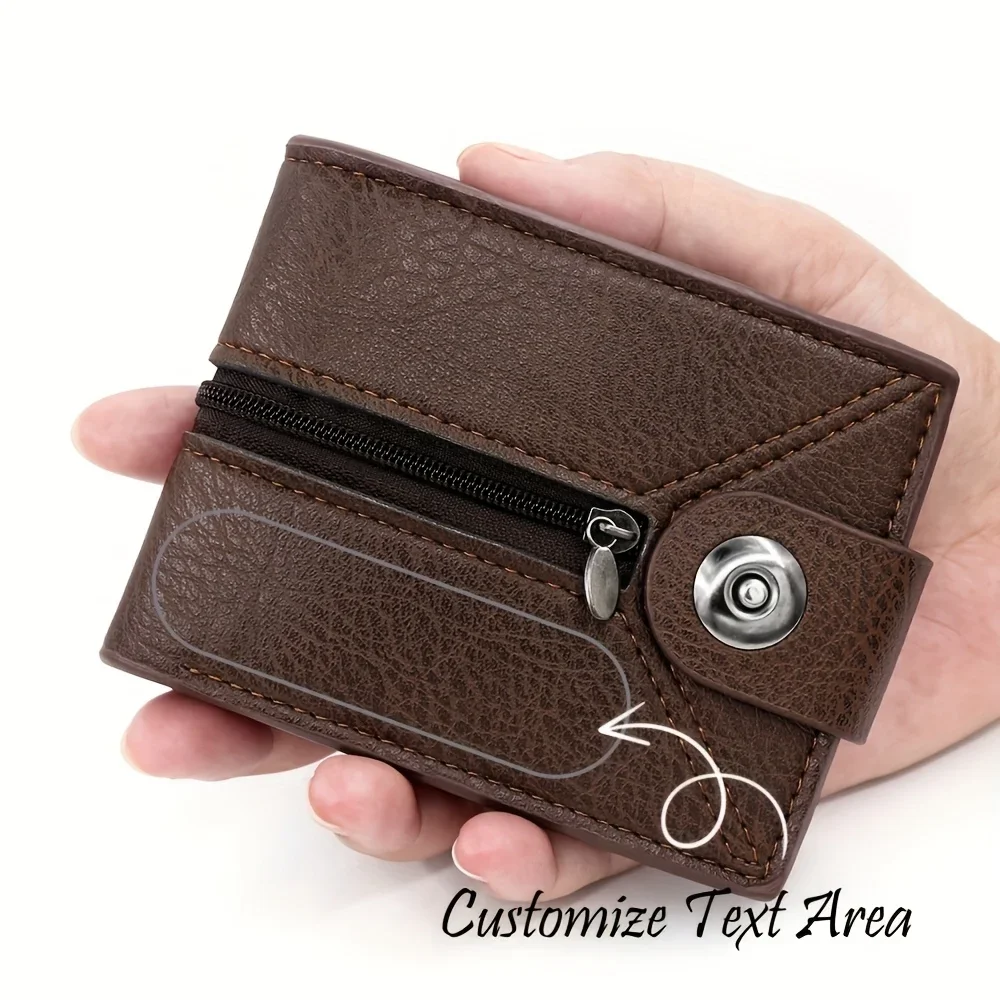 Carteiras curtas masculinas de couro PU com nome gravado personalizável com zíper, bolsa com detalhe de fivela com nome personalizado, presentes para o dia dos pais