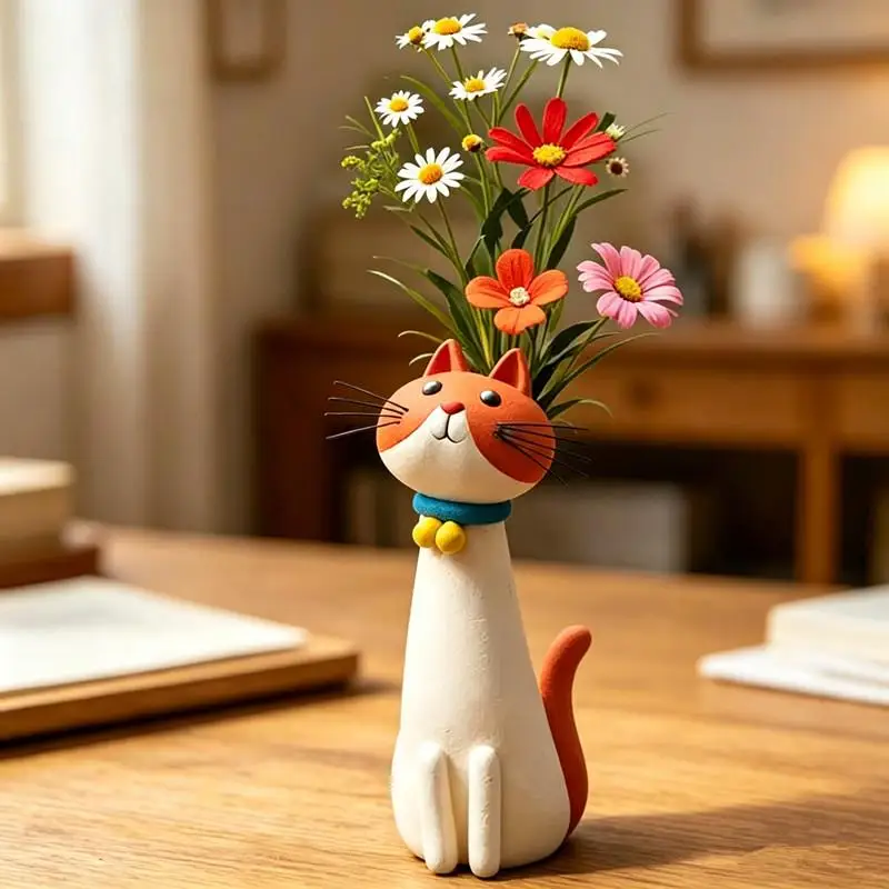 Cat Shaped Resin Vase 1PC Long Neck Cat Figurine Ornament Stylish Flower Container for Living Room Office Decor