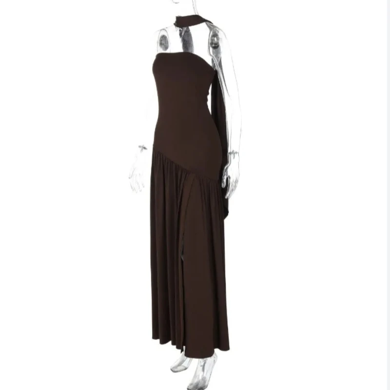 

Lady Slim Fit Solid Color Split Back Elegant Streamer Dress European and American Cross-border New Fashion Temperament Tube Top