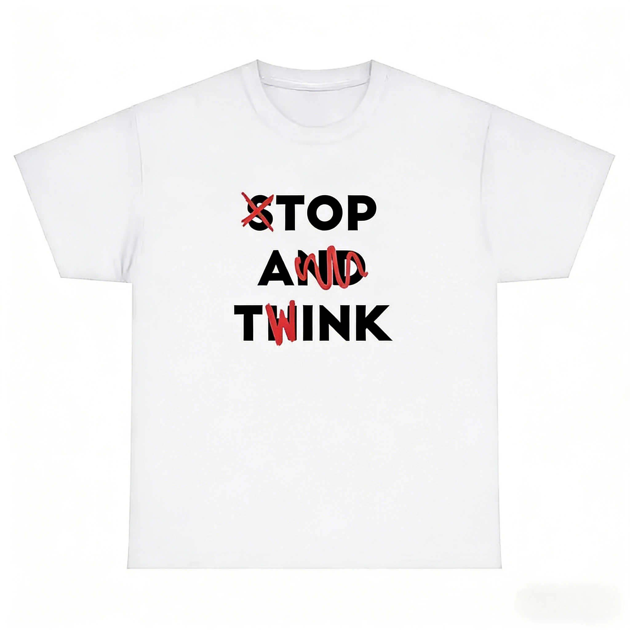 Stop And Think Crossed Out Letter Print T Shirt Men Women Minimalist Text Graphic Cotton Short Sleeve Tee Casual Streetwear Tops