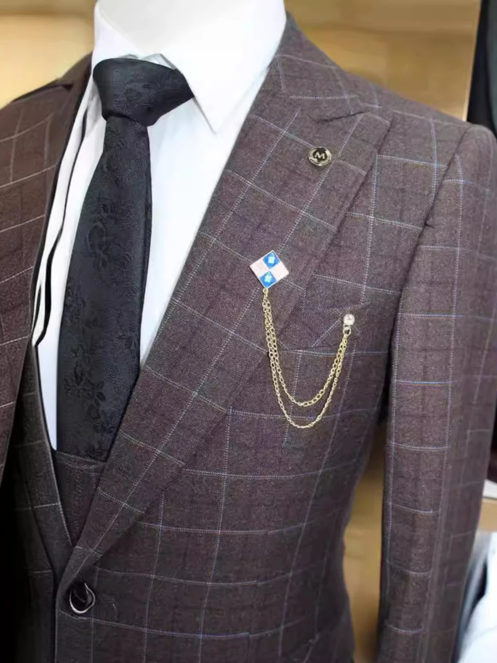 Decent Men\'s 3 Piece Camel Plaid Suit Slim Fit Check Formal Business Wedding Blazer Vest Pants Set Elegant Tuxedo Groom Wear