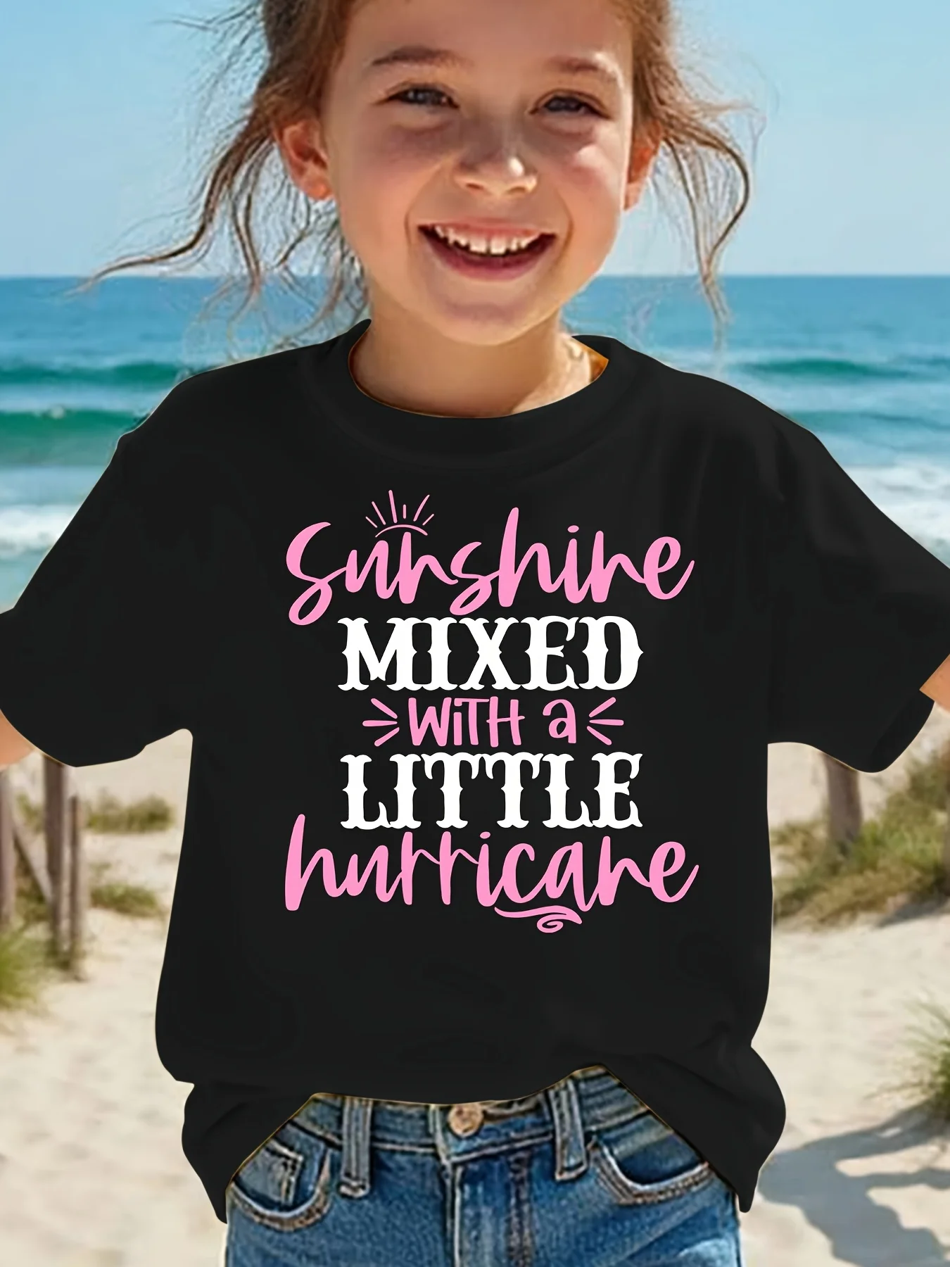 Summer Children's Fashion T-shirt Sunshine Mixed with A LITTLE Hurricane Letter Printed Outdoor Casual Parent Child Top