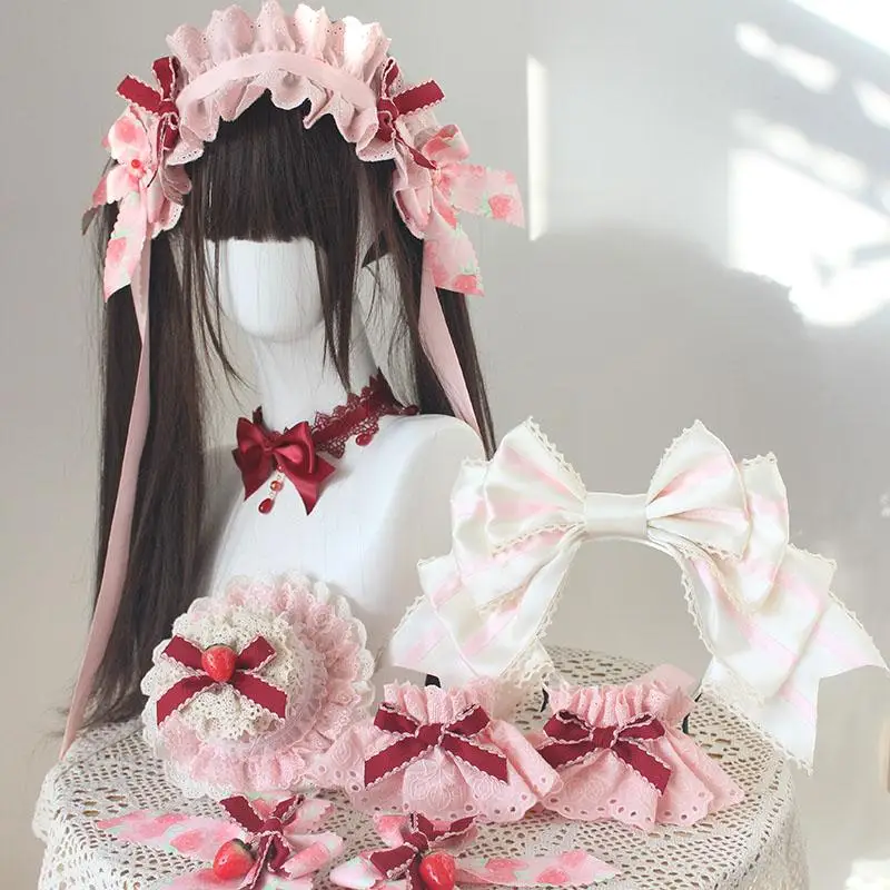 オリジナル手作りストロベリーファンタジア小物ピンクケーキシルクハットソフトガールロリータヘアバンド袖ペアクリップ