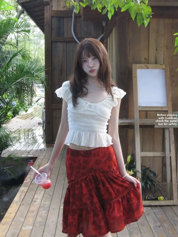 

Floral Print Short Sleeve Slim Fit Top And Skirt Set Women's Summer Fashion Casual Style Pleated Short Length Flying Sleeve