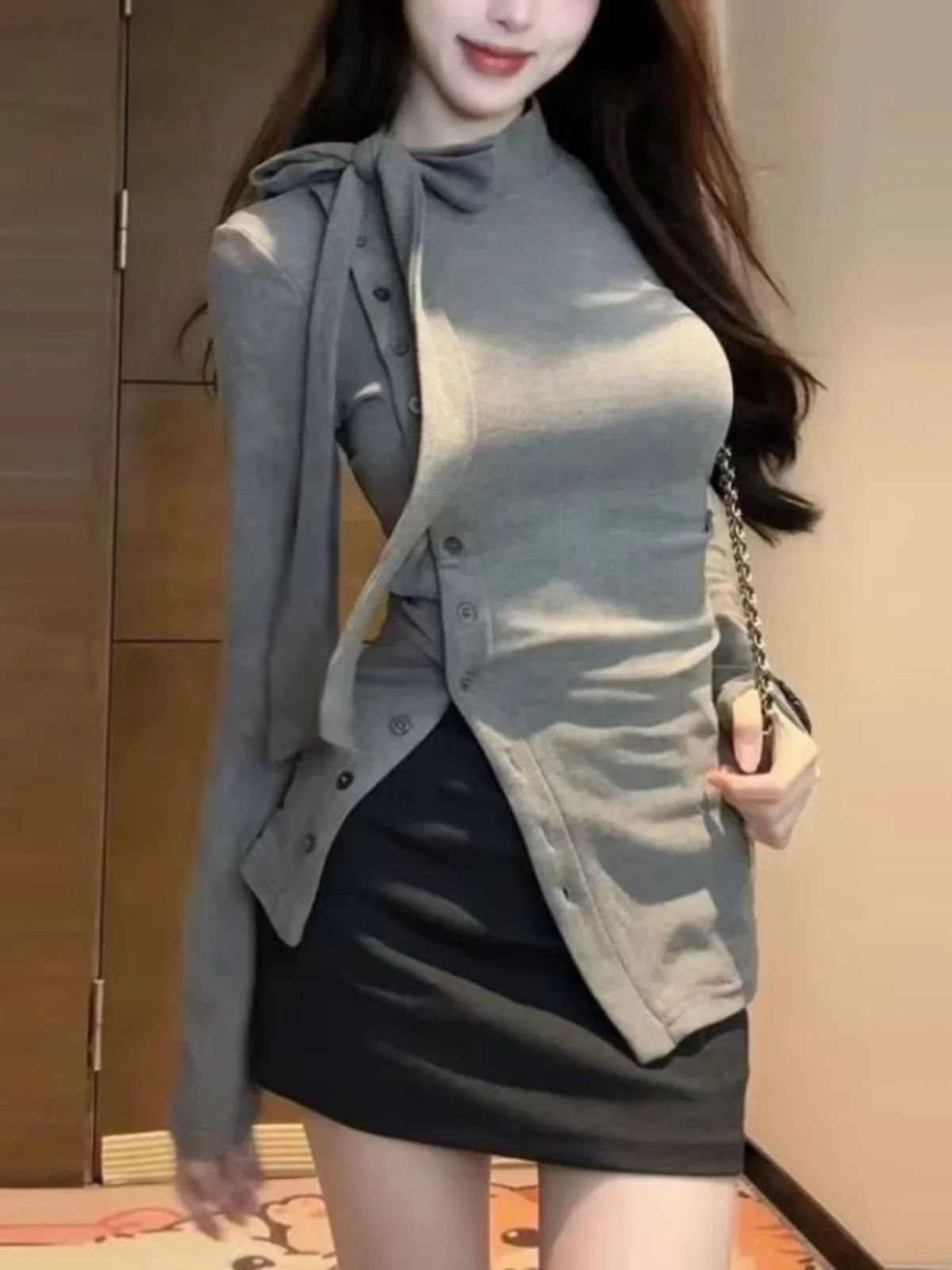 Women's Long Sleeve Base Shirt  Knot Slit Design Autumn Winter Slimming Irregular Style Commute Korean Fashion T-shirt