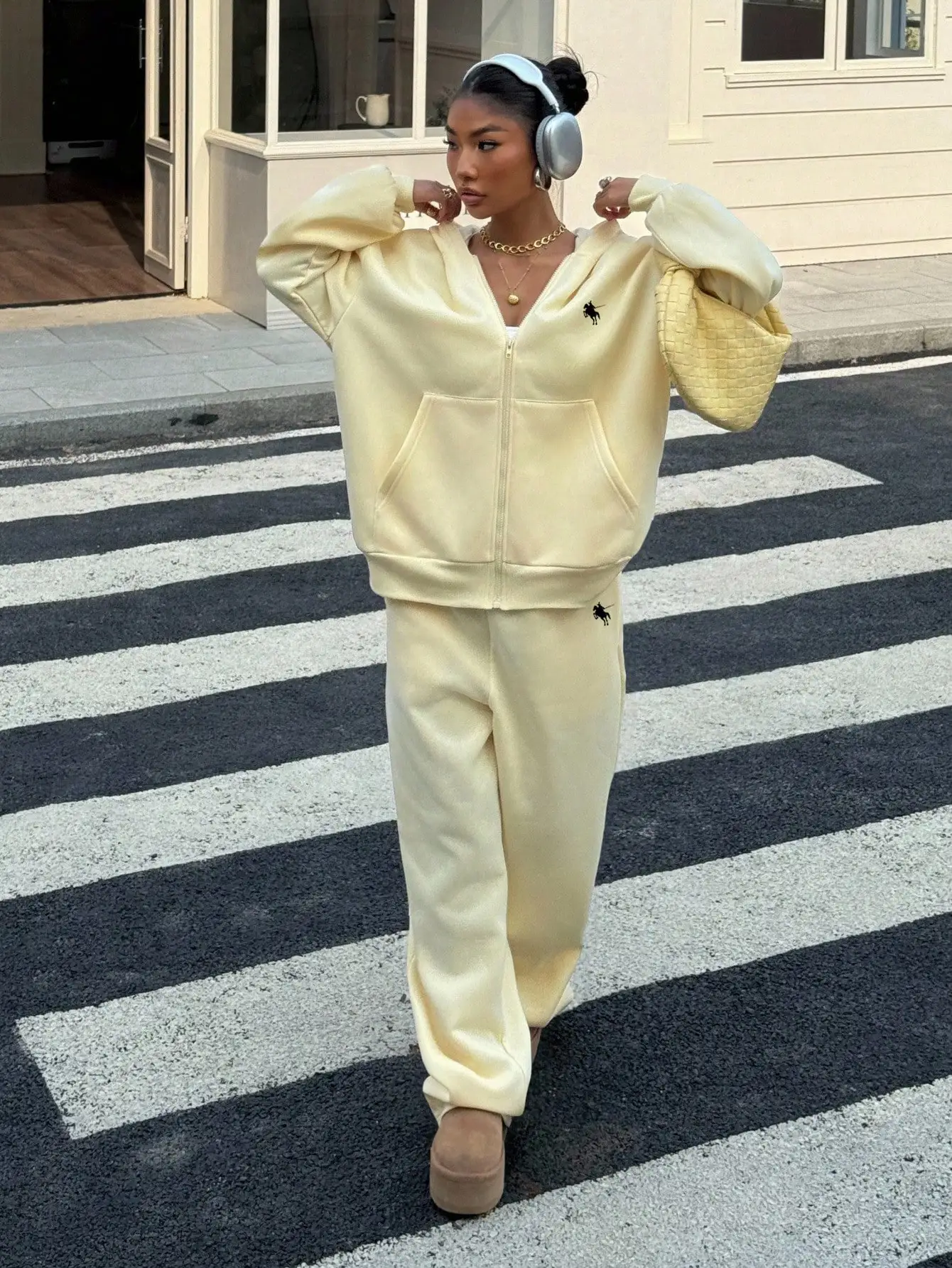 Women's Loose Zip-Up Hooded Sweatshirt And Pants 2 Piece Set