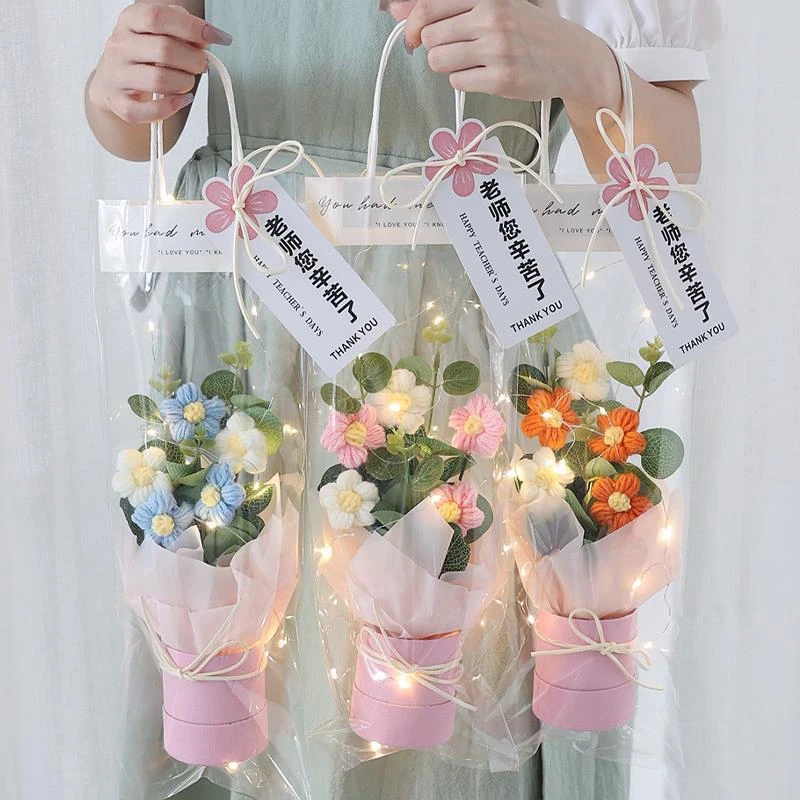 LED Crochet Flowers Kindergarten Graduation Flower Bouquet Valentine’s Day Gifts Wedding Guest Gifts San Valentin 꽃다발